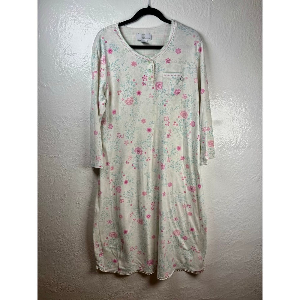 Karen Neuburger Nightgown Large White Pink Floral Cottagecore Shabby Chic